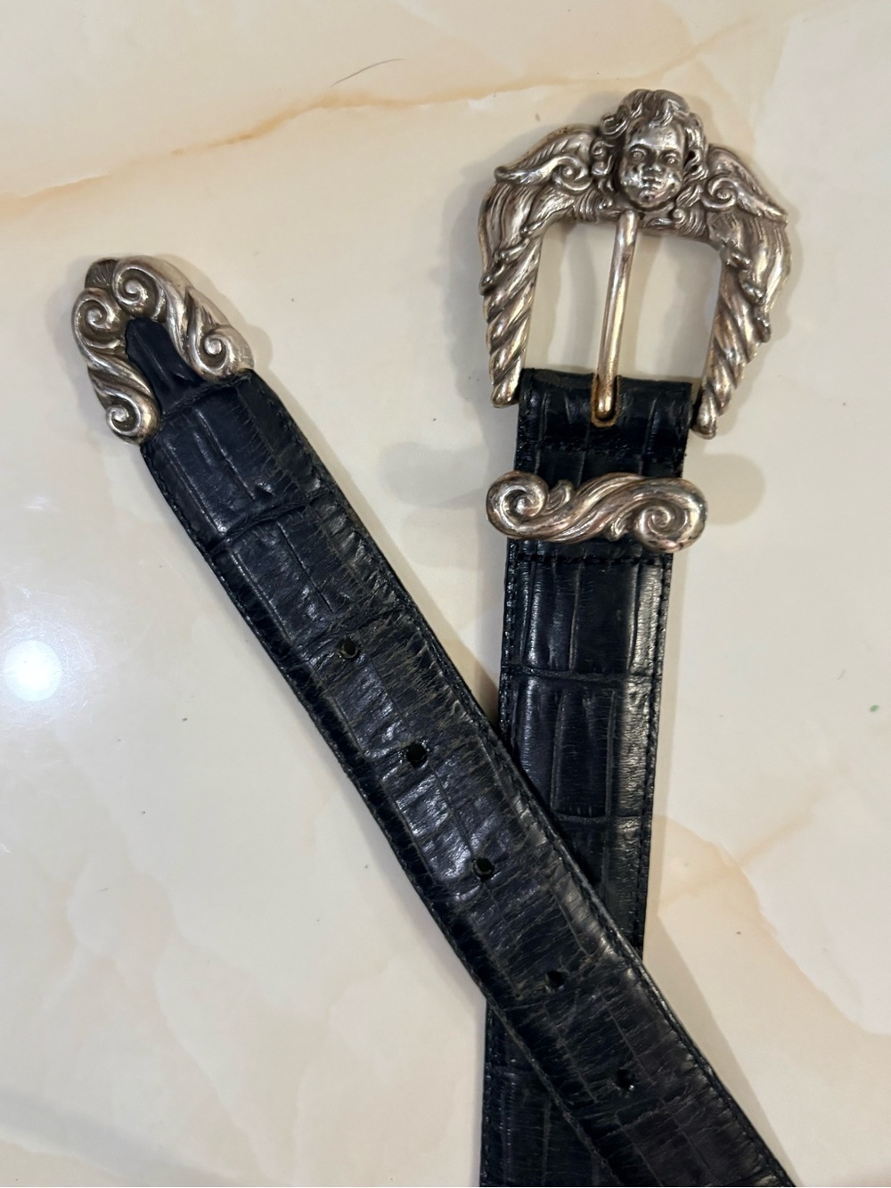 1995 Brighton Black Leather Croc Embossed Belt With Silver Ornate Angel Buckle
